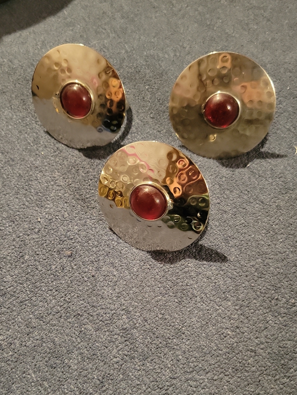 Large Metal Silvertone Napkin Rings With Red Stone Set Of 3